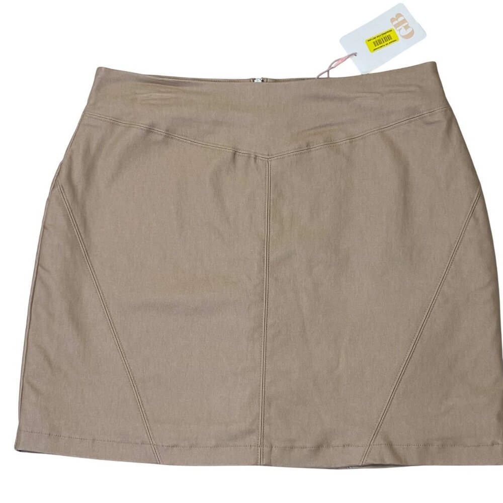 GB Tan Mini Skirt With V-Panel Stitching & Zipper Closure L NWT